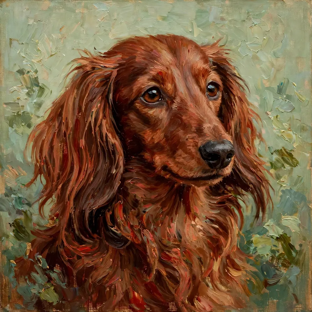Oil portrait of a long-haired dachshund