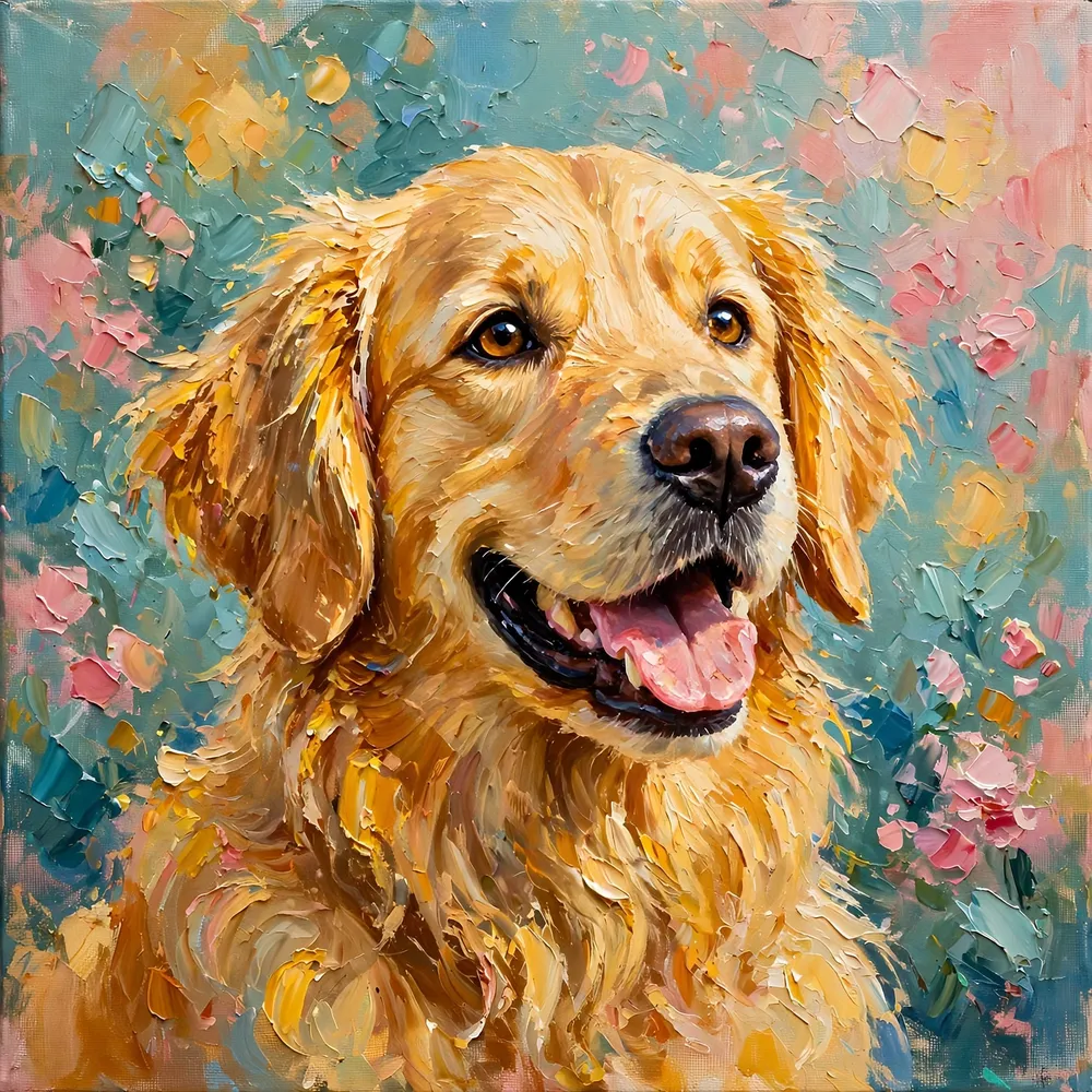Hand-painted oil portrait of a golden retriever