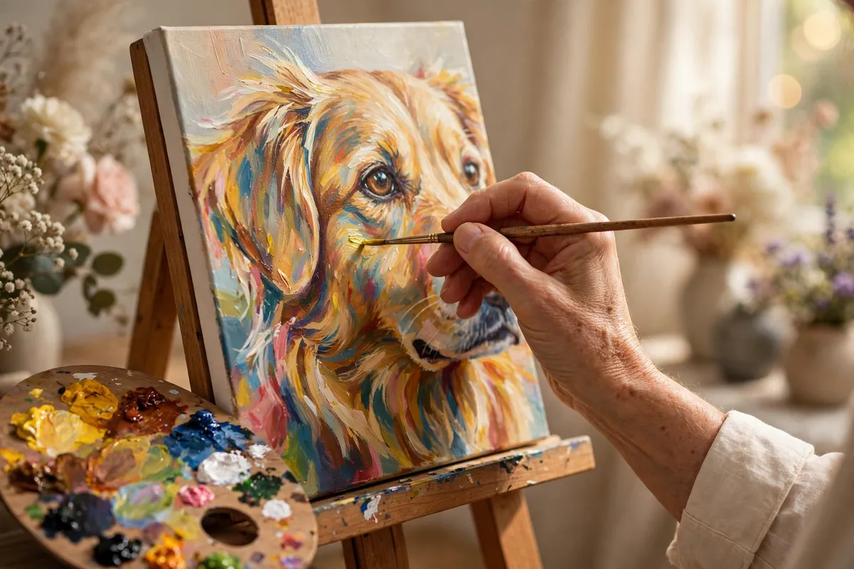 Hands painting the fine details of a dog portrait