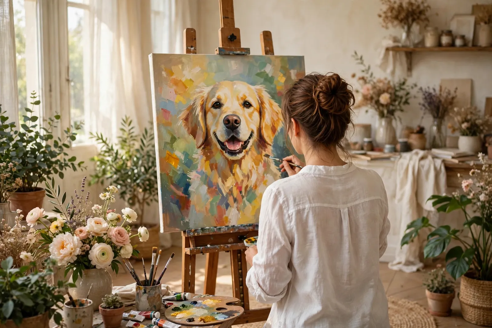 A pet portrait being painted by hand in the studio