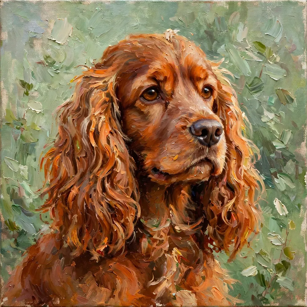 Oil portrait of a chestnut cocker spaniel